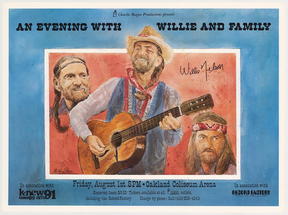 Willie Nelson Oakland Arena Poster: No Reserve! Artist: Christopher Paluso Title: Willie Nelson Oakland Arena Poster Printing Date: 1980 Medium: Lithograph Size/Format: 22¾" x 16?" Additional Info: An evening with Willie Nelson a