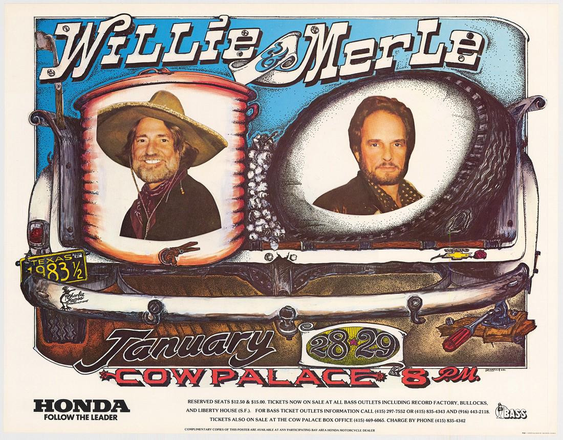 Willie Nelson and Merle Haggard Cow Palace Poster: No Reserve! Title: Willie Nelson and Merle Haggard Cow Palace Poster Printing Date: 1983 Medium: Lithograph Size/Format: 22" x 17" Additional Info: Willie Nelson and Merle Haggard preformed live at th