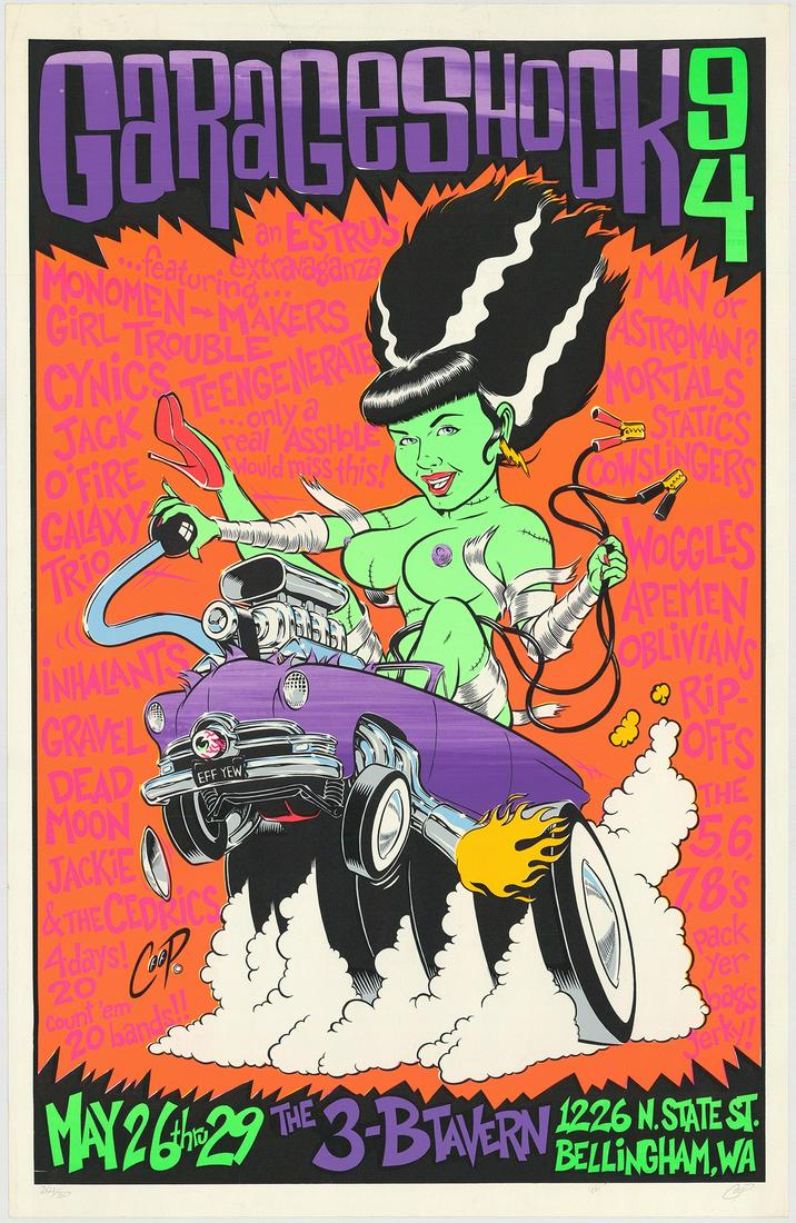 First Print Garage Shock 1994 Signed And Numbered: No Reserve! Artist: Coop Title: First Print Garage Shock 1994 Signed And Numbered Poster Printing Date: 1994 Medium: Silkscreen Size/Format: 22½" x 35" Additional Info: Sold in a previous lot was the