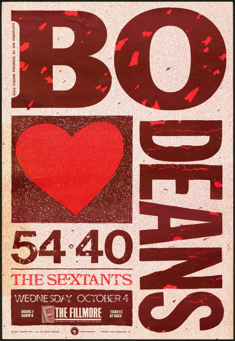 Bo Deans F-118 Poster: No Reserve! Artist: Arlene Owseichik Title: Bo Deans F-118 Poster Printing Date: 1989 Medium: Lithograph Size/Format: 13" x 19" Publisher: Bill Graham Series: New Fillmore Additional Info: The Bo Dean
