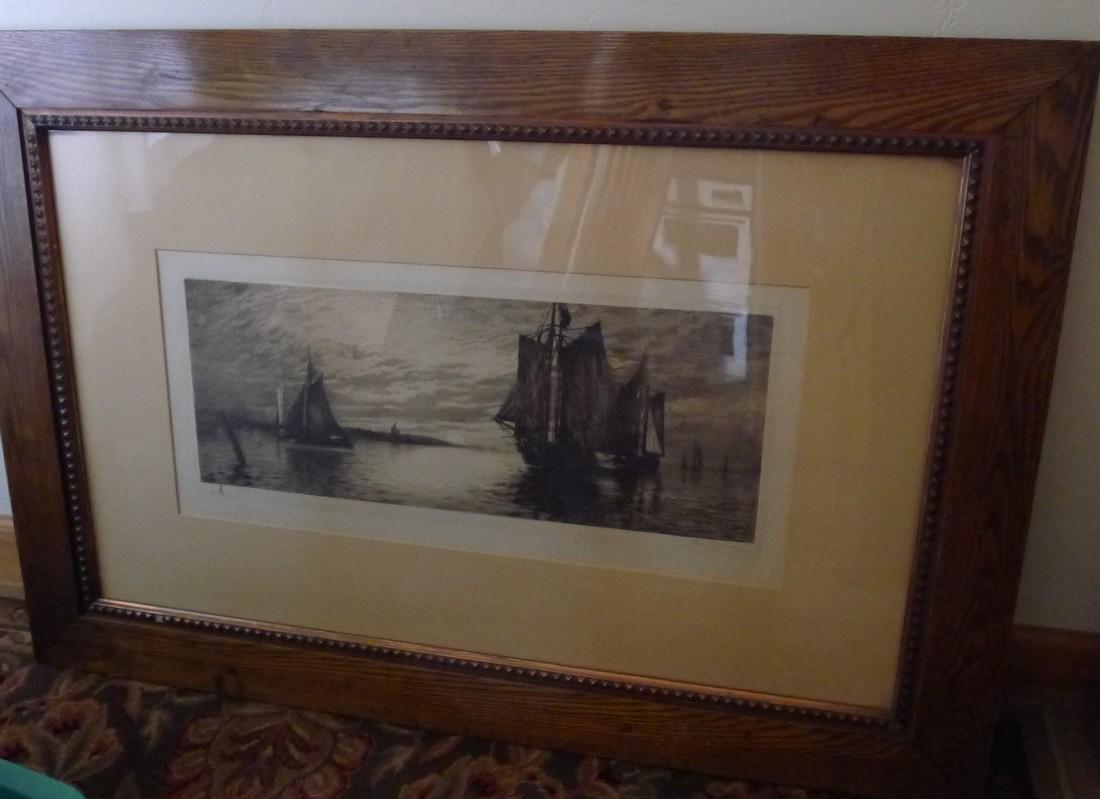 Thomas R. Manley signed, framed lithograph: Title: Thomas R. Manley signed, framed lithograph Date: 1889 Materials: framed paper Dimensions:Approx: Framed: 29" x 43"; artwork: 12" x 26" Description: framed, signed litho of sailing ships in the