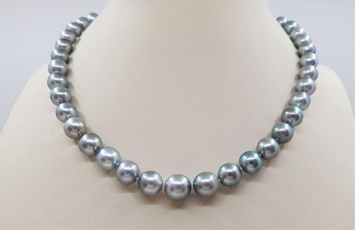 8x11mm Silvery Green Tahitian Pearls - 14 kt. White: Title: 8x11mm Silvery Green Tahitian Pearls - 14 kt. White gold - Necklace Description: A pearl necklace, with silvery green Tahitian pearls finished with a secure clasp in white gold. Produced in the