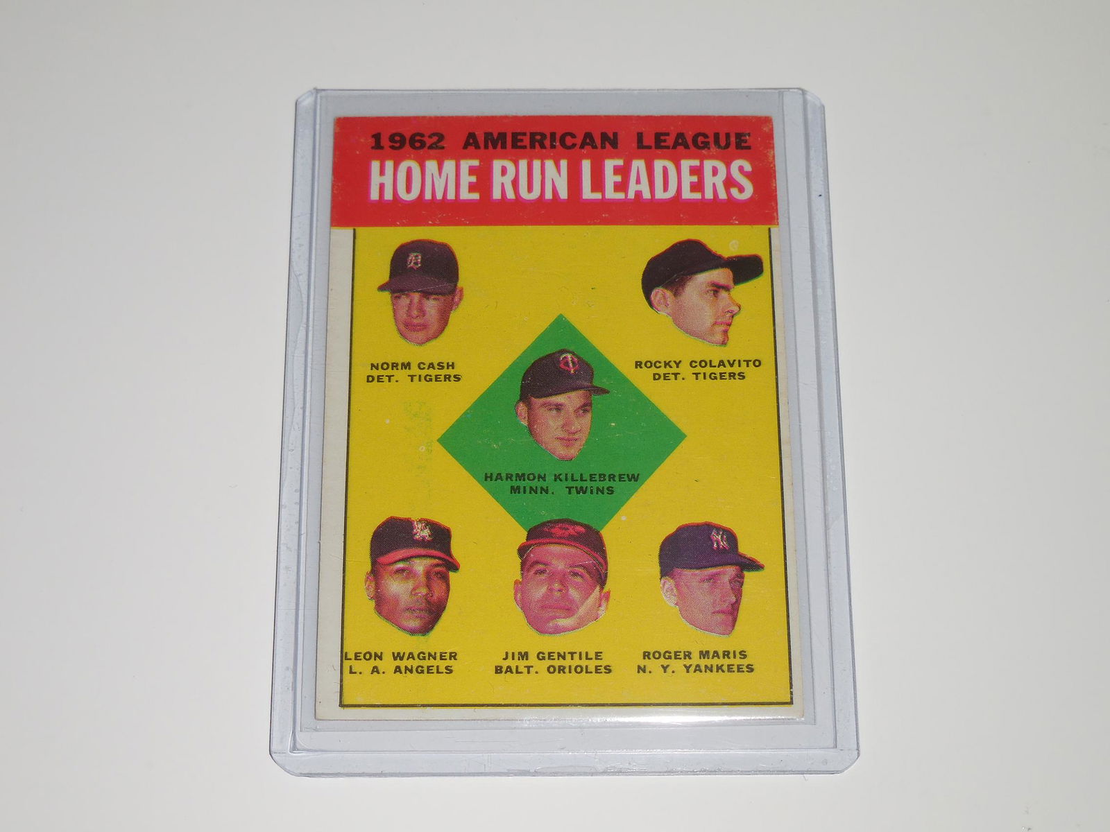 1963 TOPPS 62 AL HR LEADERS W/ MARIS KILLEBREW: Title: 1963 TOPPS 62 AL HR LEADERS W/ MARIS KILLEBREW Description: NICE CARD. APPROXIMATELY FAIR CONDITION. COMES WITH SLEEVE AND TOP LOADER. Date/Period: VINTAGE Reserve: $5.00 Shipping: Domestic: Fl