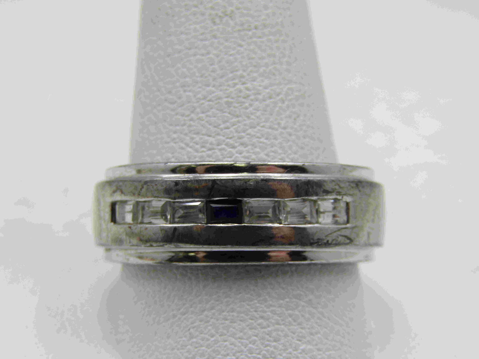 Sterling Men's White Blue Topaz Band Ring, Sz. 13.25,: Sterling Men's White Blue Topaz Band Ring, Sz. 13.25, 8mm. Wedding band . Signed with an unknown maker's mark and marked Thailand. Also marked .925 and tested. weight is appx. 6.38 grams. This has six