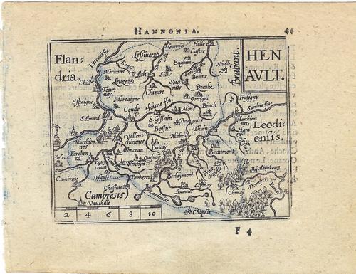 1602 Ortelius Map of Belgium-France Border Area --: Title: 1602 Ortelius Map of Belgium-France Border Area -- Hanault. Cartographer: A Ortelius Year / Place: 1602, Antwerp Map Dimension (in.): 3 X 4.1 in. This is an attractive smaller map of the area a
