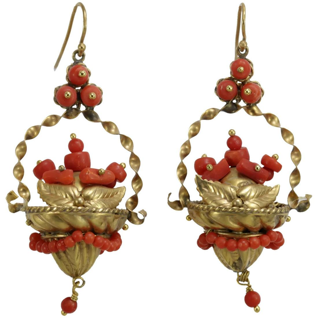 Victorian coral 14K gold dangle earrings (1 of 8)