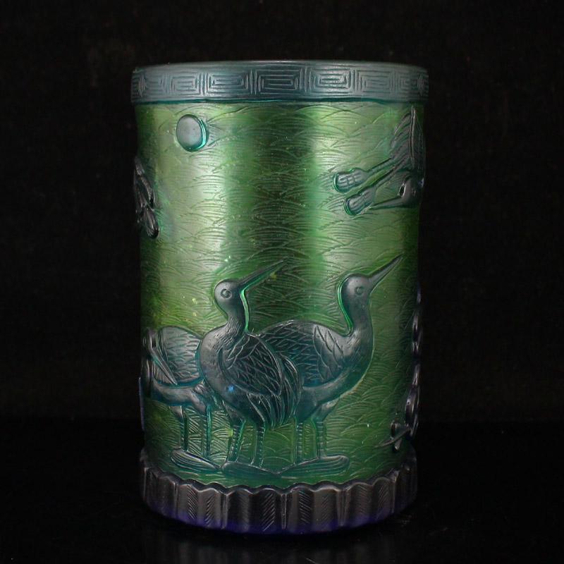 Chinese Peking Glass Pine Tree & Crane Brush Pot (1 of 10)