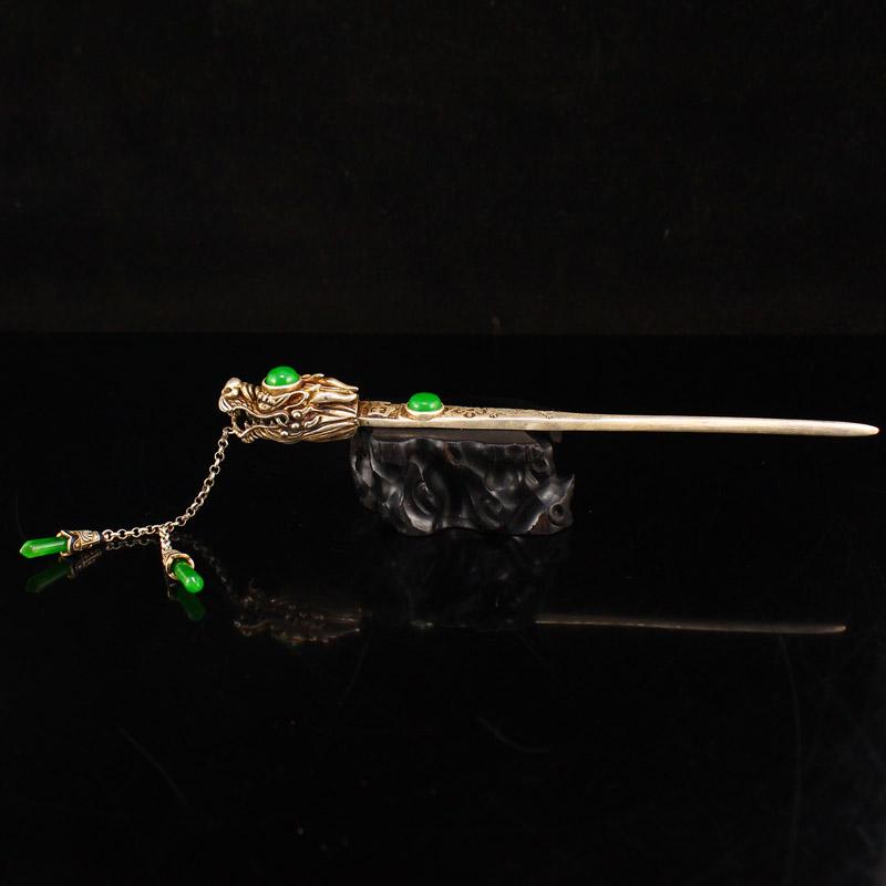 Vintage Silver Inlay Green Jade Dragon Head Hairpin (1 of 8)