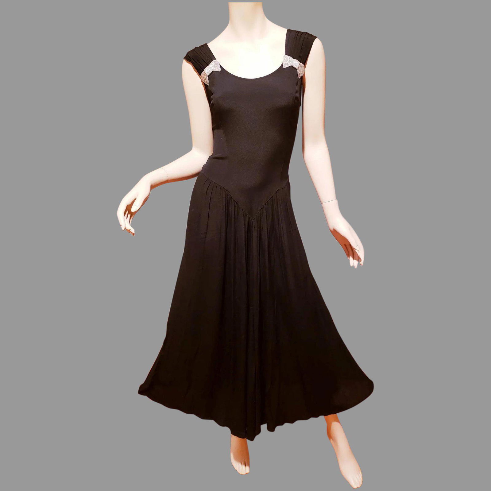 Vtg Jet Black Boho Chic Midi dress silver beaded side (1 of 6)