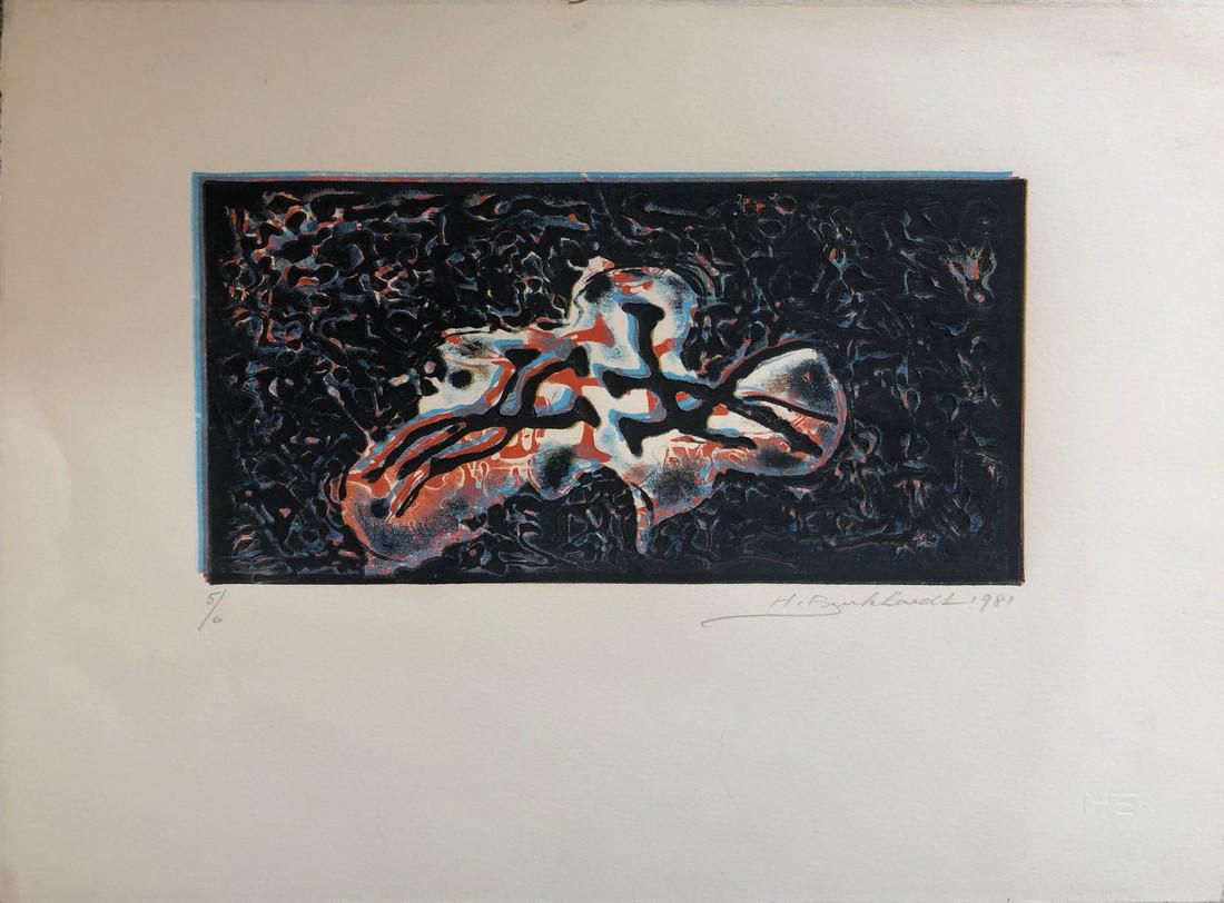 Hans Burkhardt (1919-2011) Swiss / American: Hans Burkhardt (1904-1994) Swiss / American Beautiful Lino cut (variation of a woodblock) numbered 5/6 Signed lower right Dated 1981 watermark lower right Sheet: 11 x 15" Image: 5 x 10" Reserve: $140.
