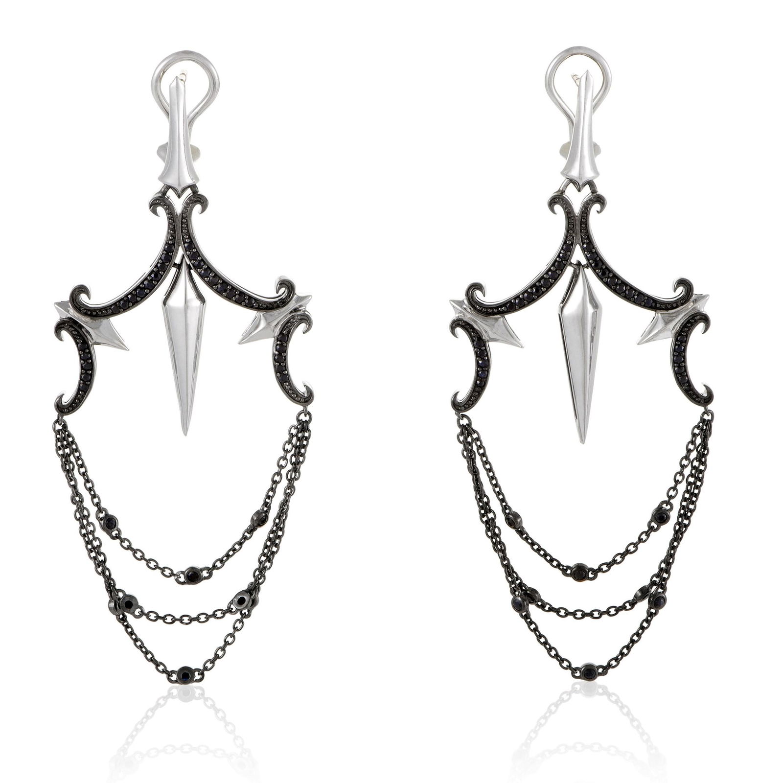 Stephen Webster Superstud Baroque Silver and Yellow: Title: Stephen Webster Superstud Baroque Silver and Yellow Gold Black Sapphire Earrings Brand: Stephen Webster Metal Purity: 925 Gemstones: Sapphire Size/Dimensions: Length of the Earring: 3.00" Addit