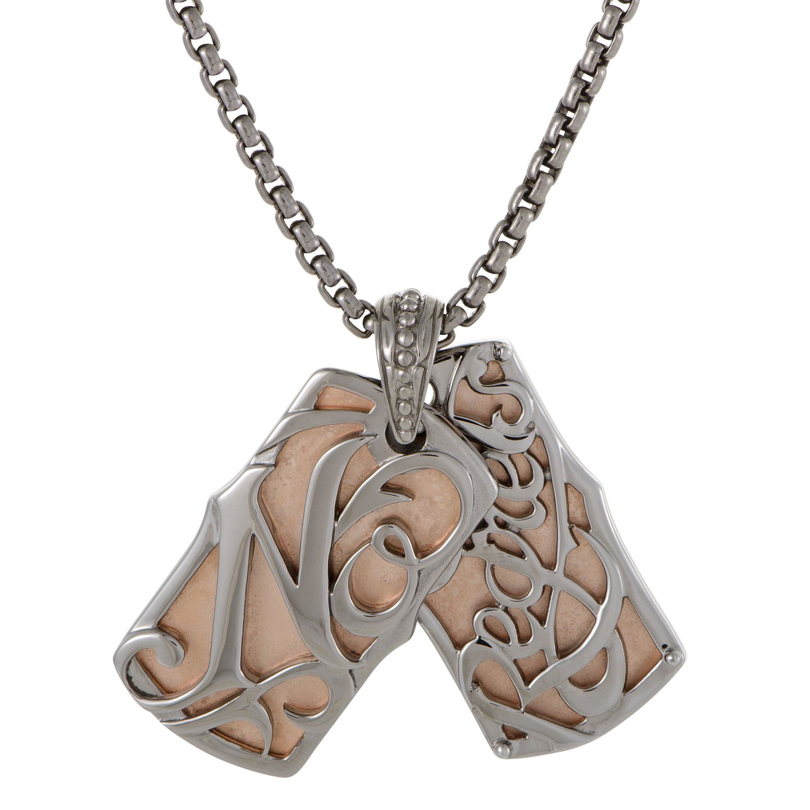 Stephen Webster No Regrets Rose Gold Tone Silver Dog: Title: Stephen Webster No Regrets Rose Gold Tone Silver Dog Tags Necklace Brand: Stephen Webster Metal Purity: 925 Size/Dimensions: Pendant Length: 1.50",Total Chain Length: 23.00" Additional Informat