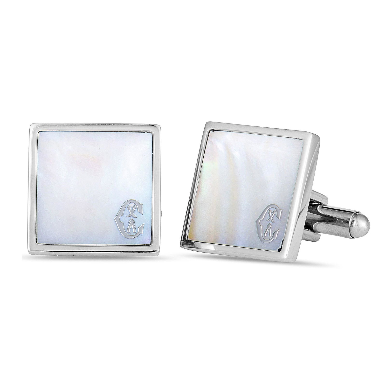 Charriol Classic Stainless Steel, White Mother of Pearl: Title: Charriol Classic Stainless Steel, White Mother of Pearl Square Cufflinks Brand: Charriol Metal Purity: Gemstones: Mother of Pearl Size/Dimensions: 0.75" by 0.75" Additional Information: Manufac