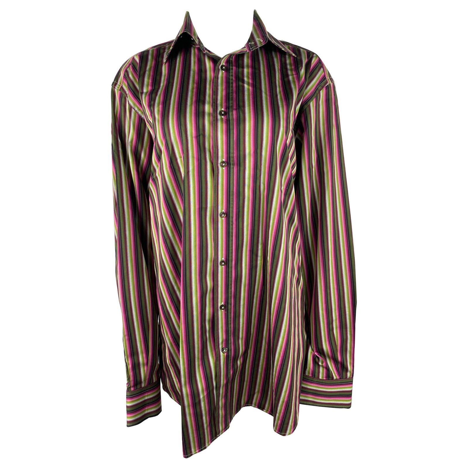 Etro Multicolored Striped Button Down Shirt, Size 44: Description: The shirt is made out of 100% cotton and it features pink, purple, green and orange colors. Details: Designer Etro Dimensions Length: 35 in. (88.9 cm)Marked Size: 44 (EU)Bust: 51 in. (129