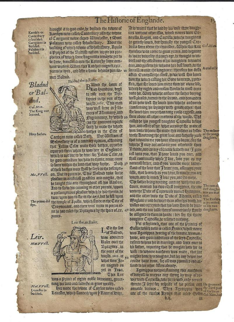 1577 Leaf Holinshed King Lear Shakespeare (1 of 3)