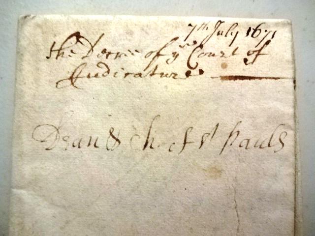 1671 English Judgement Cheapside Spenser Family: A fifteen page legal judgement regarding property originally conveyed to Dorothy Spencer of London in 1660 by the Dean of St. Paul's Cathedral located at Cheapside. This document written in 1671 with 