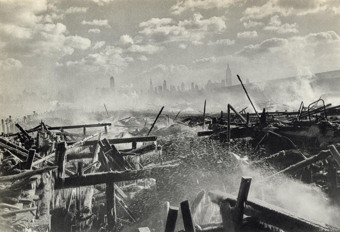 HENRI CARTIER-BRESSON - Fire in Freezing Weather: Artist: Henri Cartier-Bresson Title: Fire on a Pier Shed in Freezing Weather Across the Hudson River, New York, 1947 Medium: Sheet Fed Gravure, 1952, France Dimensions: 9.7x6.6" Description: Heat Wax 