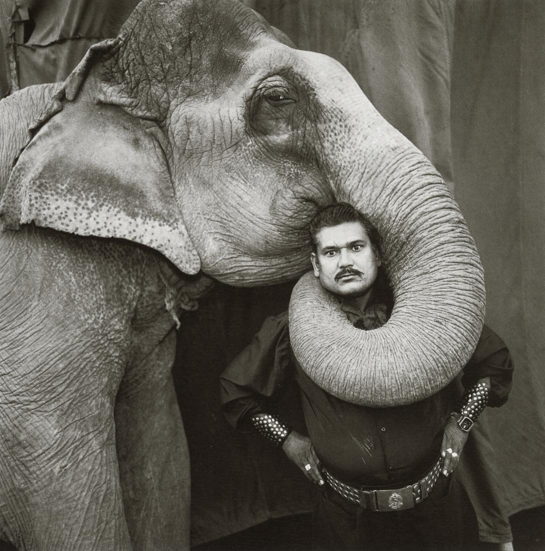 MARY ELLEN MARK - Ram Prakash Singh With Elephant: Artist: Mary Ellen Mark Title: Ram Prakash Singh With His Elephant Shyama, Great Golden Circus, Ahmedabad, India, 1990 Medium: Photo Litho, 2016, China Dimensions: 7.15x7.25" Description: Heat Wax Mou
