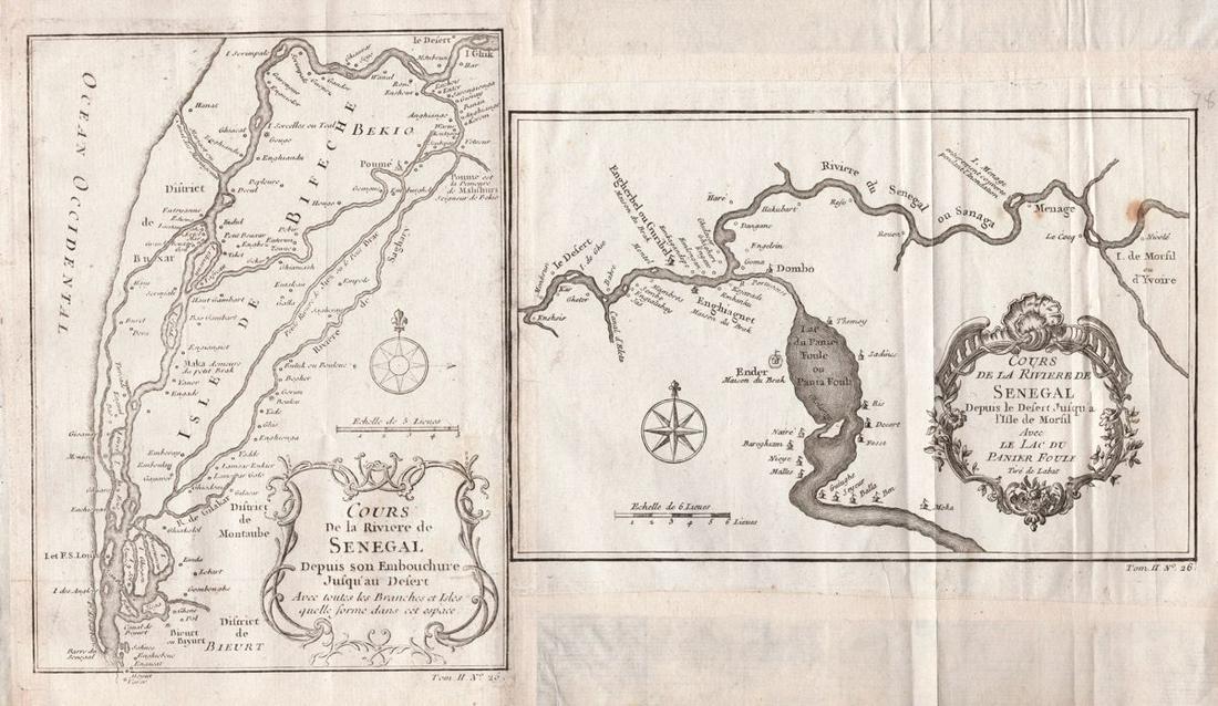 Bellin/Prevost: West Africa—Course of the Senegal River: Title/Content of Map: Bellin/Prevost: West Africa—Course of the Senegal River Date Printed: 1755, Paris Cartographer: Bellin/Prevost Size: 1) 5 3/4" x 7 7/8; 2) 8 3/8" x 5 1/2" Additional Info: Two