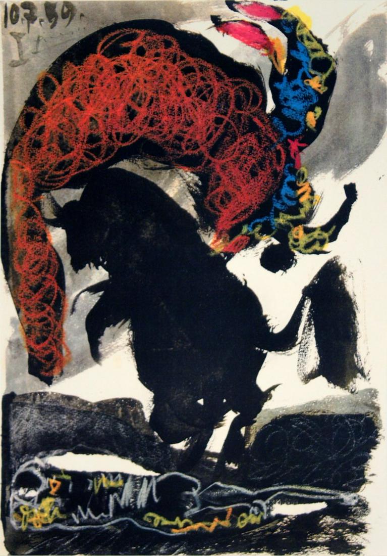 Pablo Picasso - Bullfight - 1959 Lithograph 14.75" x: Artist: Pablo Picasso Title: Bullfight Description: "Bullfight" by Pablo Picasso, 1959 Unsigned Lithograph. Paper size is 14.75 x 10.5 inches, with an image size of 14.75 x 10.5 inches. The Lithograph