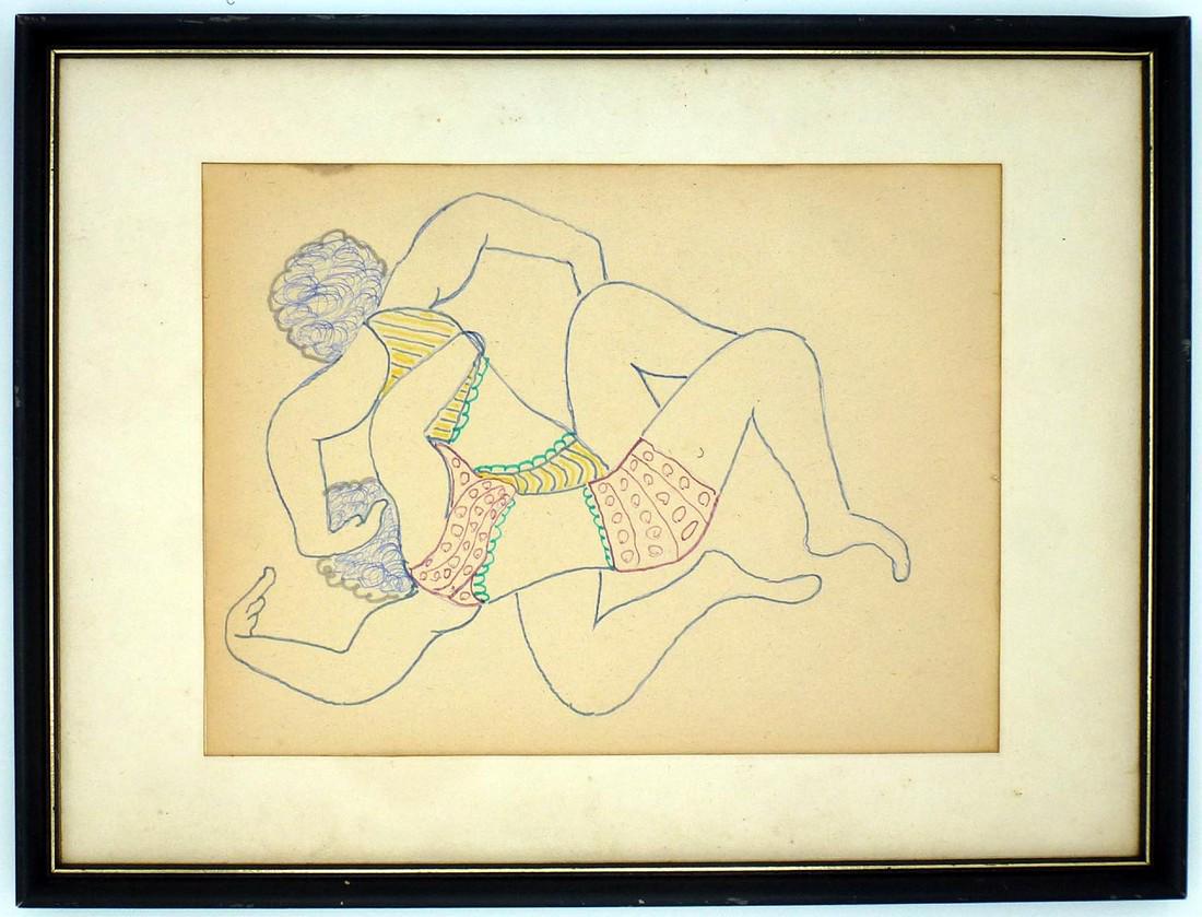 2 women wrestlers by Outsider Artist Lewis Smith (1 of 3)