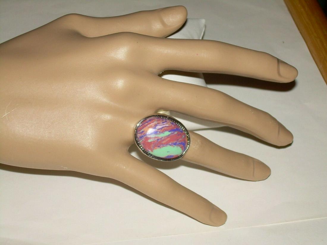 Vintage Sterling Ocean Agate Ring - Wide Band 5.3mm - (1 of 19)