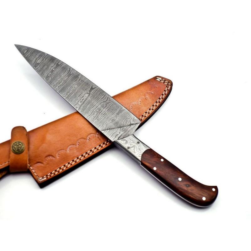 Chef damascus steel knife handmade rose wood leather: Knife "Gloucester" made of damask steel. Handle – rose wood and scabbard - genuine leather. Damascus knives are very durable, look great and keep sharpness perfectly. Damascus steel has high quality