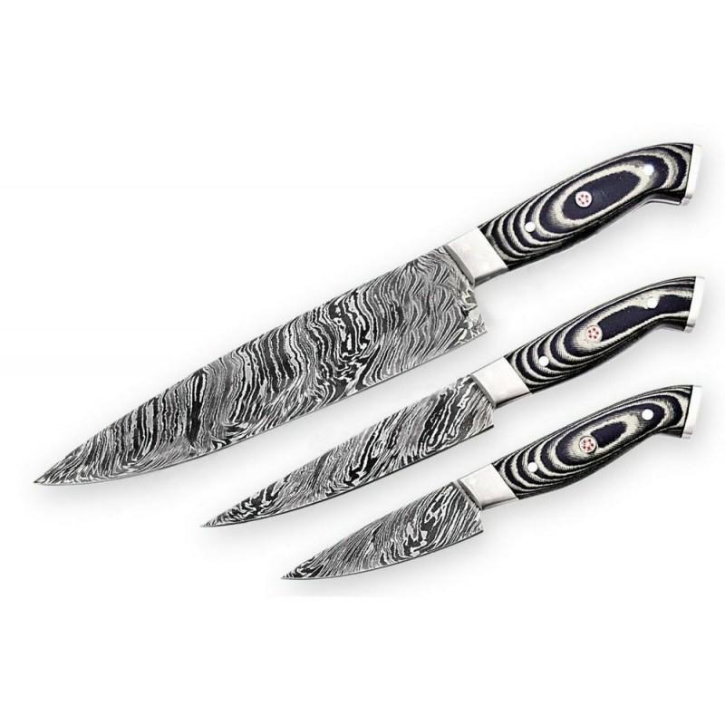 Set of 3 chef kitchen work damascus steel knives: Set of 3 Knives "Zebra" Blade - damask steel Handle – colored micarta, steel bolsters Blade hardness – 56-60 HRC Total length – 203-337 mm. Blade length - 95-216 mm. Handle length – 108-121 mm