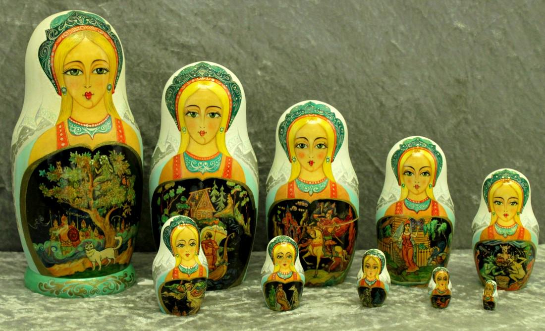 Matreshka nesting doll: Dimensions: 0.0 × 9.0 × 19.0 cm Matreshka, Russian hand-made and hand-painted nesting doll, Stecking doll; 10 pieces , hi-end quality , fairy tales Reserve: $390.00 Shipping: Domestic: Flat-rate of