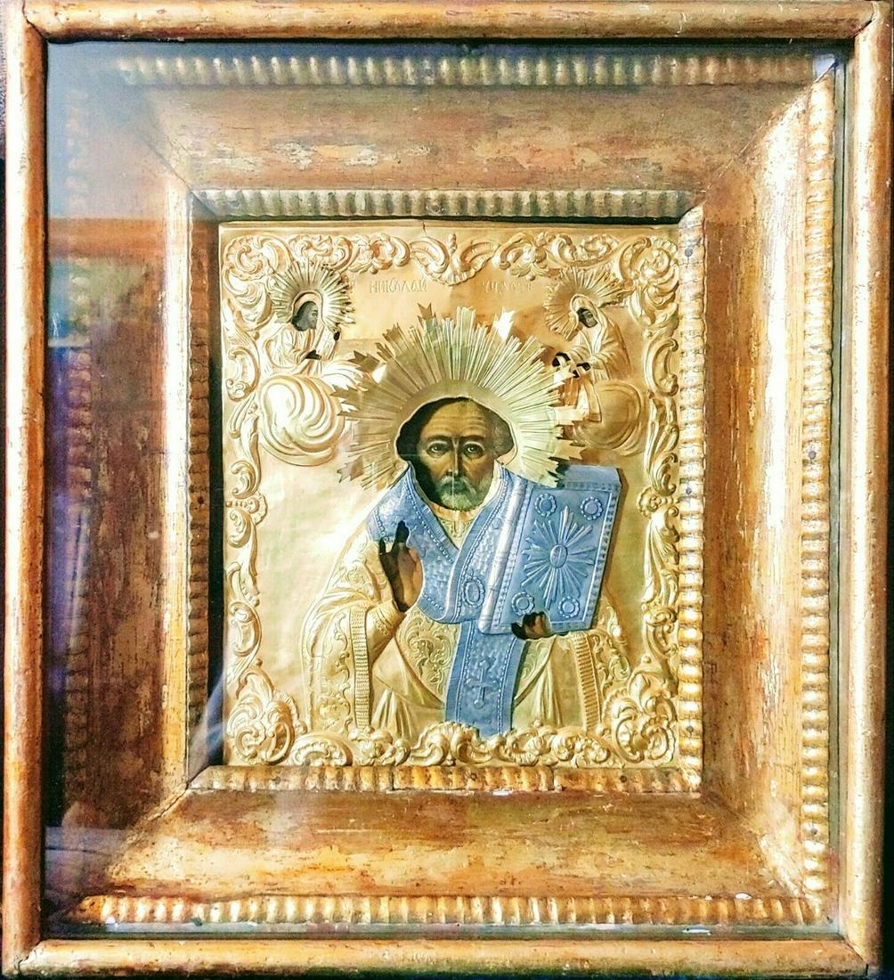 ANTIQUE FINELY PAINTED 19c 84 SILVER RUSSIAN ICON OF: FINELY STUNNING RUSSIAN ANTIQUE 19C 84 SILVER ICON OF ST.NICHOLAS . SIZE ;H : 12 x 10 INCHES (31 x 26 cm). KIOT : 18 3/4 x 16 3/4 INCHES(47,5 x 43cm). Reserve: $2,990.00 Shipping: Domestic: Flat-rate