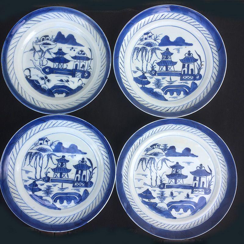 Four Canton blue & white Rain & cloud plates, mid19th (1 of 3)
