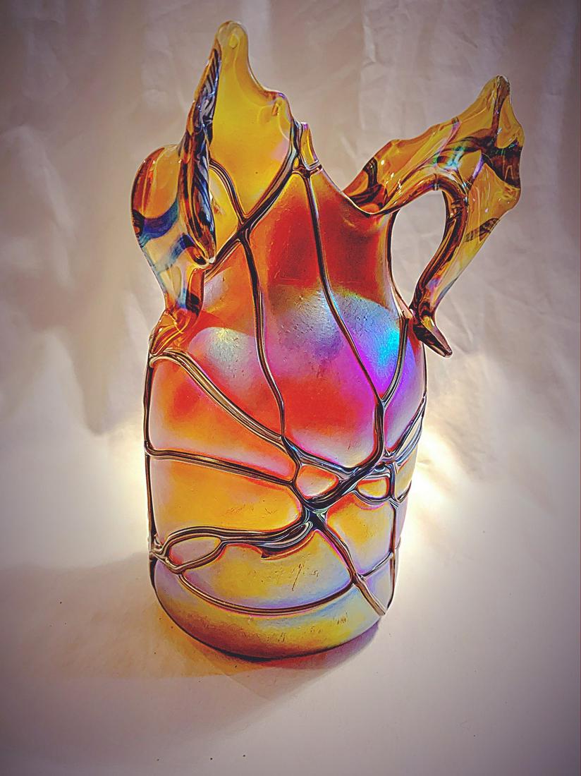 Bohemian Blown Art Nouveau Golden Iridescent Style: Title: Bohemian Blown Art Nouveau Golden Iridescent Style Glass Vase Description: Czech manufacturer with 20 years of experience, engaged in production of manual glass processing using various techniq