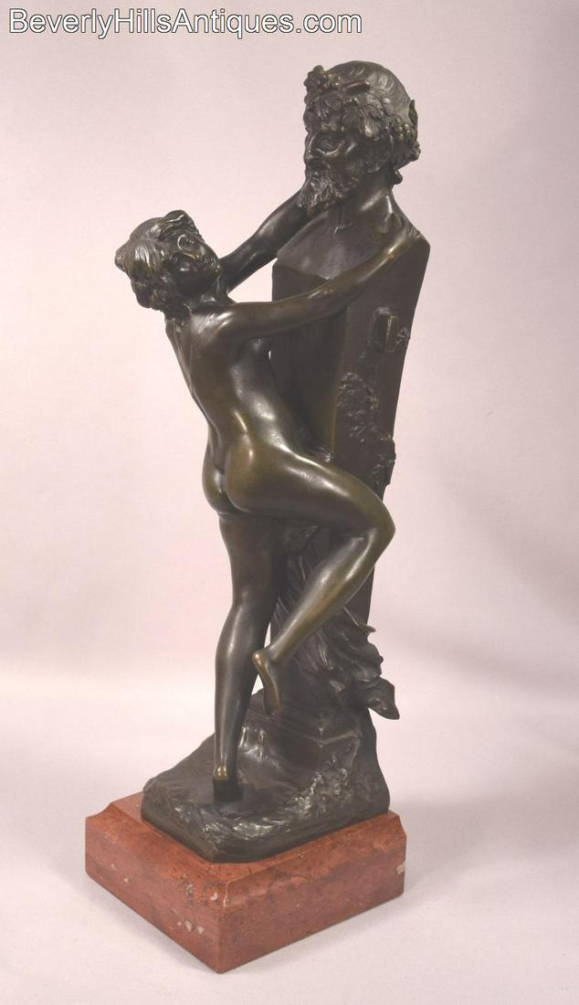 Rare Antique Model Of A Female Nude Embracing A Term: Beautiful and very rare model of a nude nymph embracing a satyr head term. Terms were usually carved granite or marble sculptures placed in formal 18th and 19th century gardens. This is an extremely r