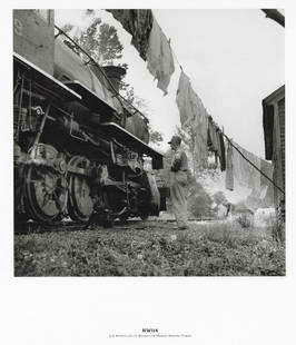 O. WINSTON LINK - Conductor, Laundry on the Line: Artist: O. Winston Link Title: Ralph White, Abingdon Branch Conductor, And Laundry on the Line, Damascus, Virginia, 1955 Medium: Photo Litho, 2019, Germany Dimensions: 8.45x8.35" Description: Unmounte