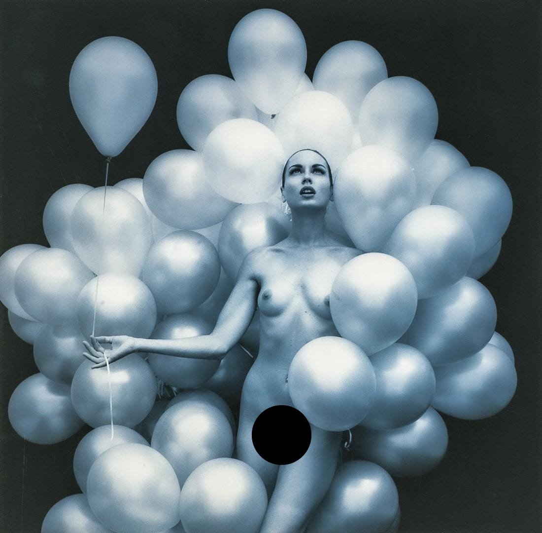 JEAN CLAUDE MAILLARD - Blue Balloon Nude: Artist: Jean Claude Maillard Title: Blue Balloon Nude Medium: Photo Litho, 1995, Japan Dimensions: 6.7x6.6" Description: Heat Wax Mounted on 8.5x11" Conservation Board Artist Bio: Jean Claude Maillard