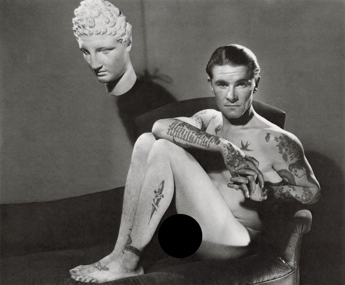 GEORGE PLATT-LYNES - Male Nude with Statuary, 1934: Artist: George Platt-Lynes Title: Male Nude with Statuary, 1934 Medium: Photo Litho, 1993, USA Dimensions: 8.45x7" Description: Heat Wax Mounted on 8.5x11" Conservation Board Artist Bio: George Platt-