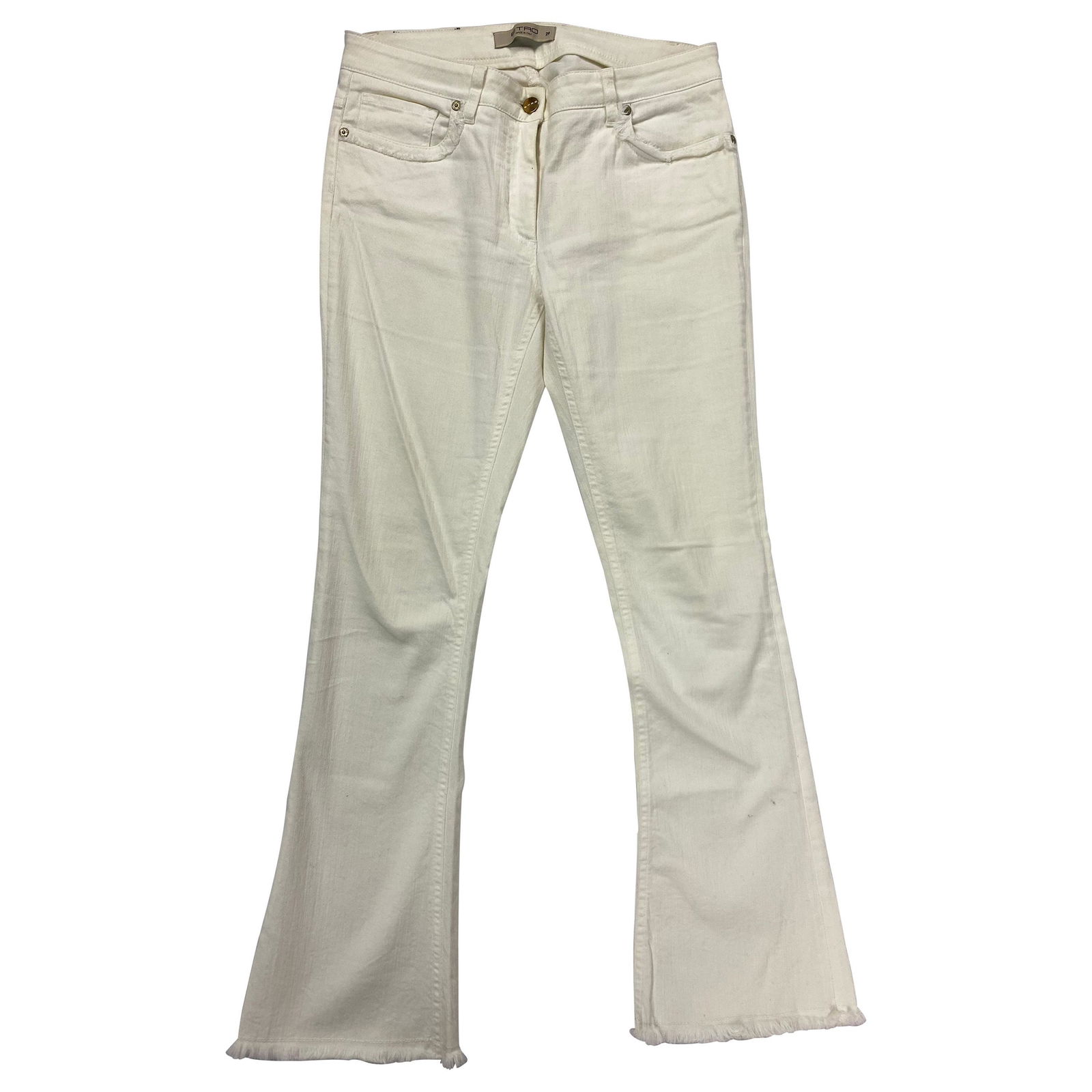 Etro White Denim Jeans, Size 29: Title: Etro White Denim Jeans, Size 29 Description: The jeans are designed by Etro, featuring flare fit, and fringes finish at the front pockets and bottom of the jeans. Made in Italy. Details: Design