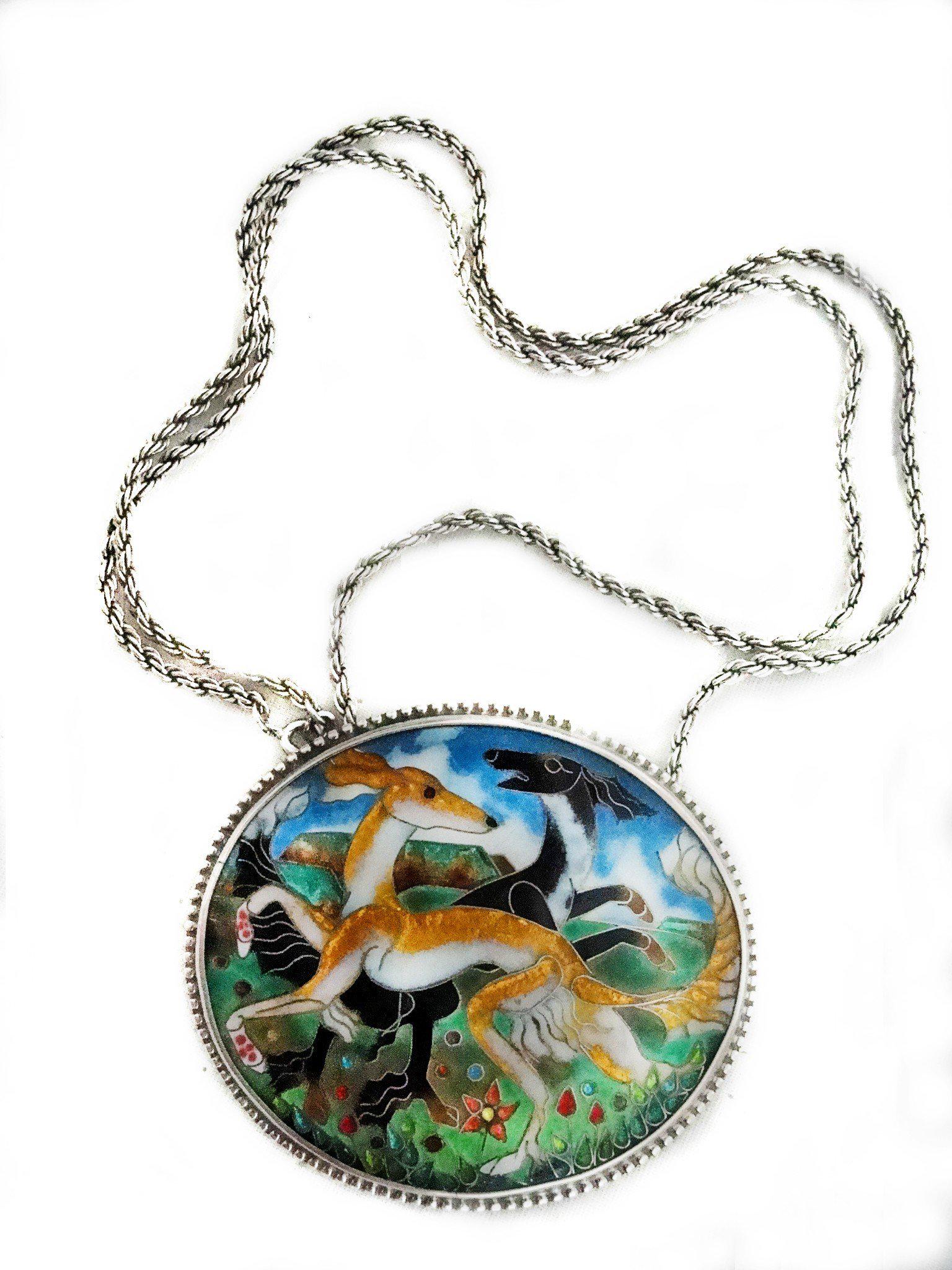 Artist Gay Giannini Cloisonne Enamel Gold Foil Salukis: Artist Gay Giannini Cloisonne Enamel Gold Salukis Pendant We offer an opportunity to own a very RARE piece of art from artist Gay Giannini, created in the 70's in her New York City Studio. This piece 