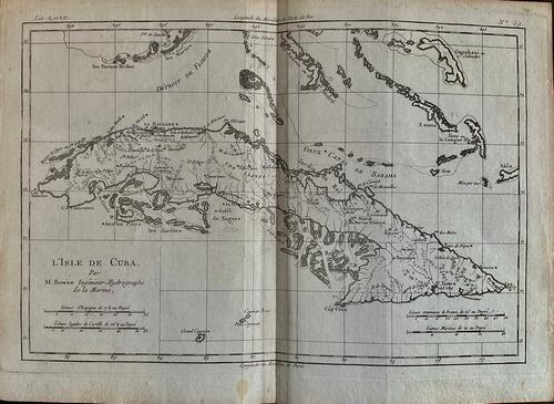 Cuba by Bonne/ Raynal 1780: Title: Cuba by Bonne/ Raynal 1780 Date/Period: 1780 Materials: Copperplate engraved Size: 13 1/2 x 9 3/4'' 1780, cartographer Rigobert Bonne one of the most important and highly regarded map makers of