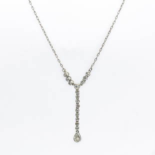 Platinum Diamond Necklace: Composition: Platinum 16 single cut diamonds I-SI1 0.60ctw. 1 pear shape diamond I-VS2 0.20ctw. Necklace length: 18. 5” long Total weight: 5.2 grams – 3.3dwt Reserve: $1,012.00 