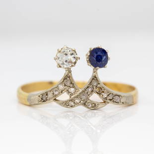 Antique Art Nouveau 18k Gold and Platinum Diamond and: Original Art Nouveau ring handmade in 18k gold and platinum in 1910´s. It displays 1 cushion old mine cut diamond of H-VS1 quality that weighs 0.15ctw and one natural old mine cut sapphire that