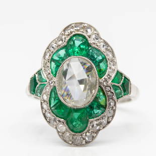 Antique Art Deco Platinum Rose Cut Diamond and Emerald: Fabulous Art Deco ring with central antique rose cut diamond of I-VS2 quality that weighs 0.92ctw. It features 32 antique rose cut diamonds of I-J-SI1 quality that weigh 0.35ctw. Handmade during