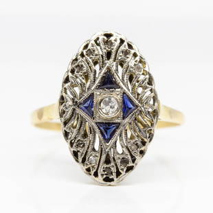 Antique Art Deco 18k gold and Platinum Diamond and: Fabulous Art Deco ring handmade during 1920´s with a central single cut diamond of I-SI1 quality that weighs 0.05ctw. It is also adorned with 4 natural calibrated French cut sapphires and 10 rose