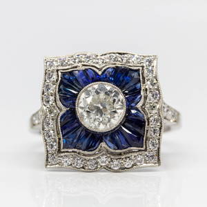 Platinum Old Mine Cut Diamond and French Cut Sapphire