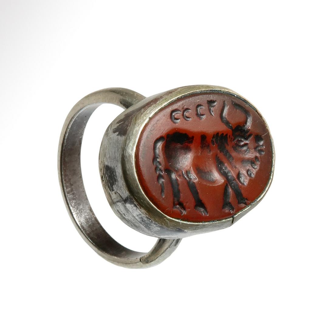 Sassanian Silver Ring with Cornelian Intaglio with Zebu (1 of 6)