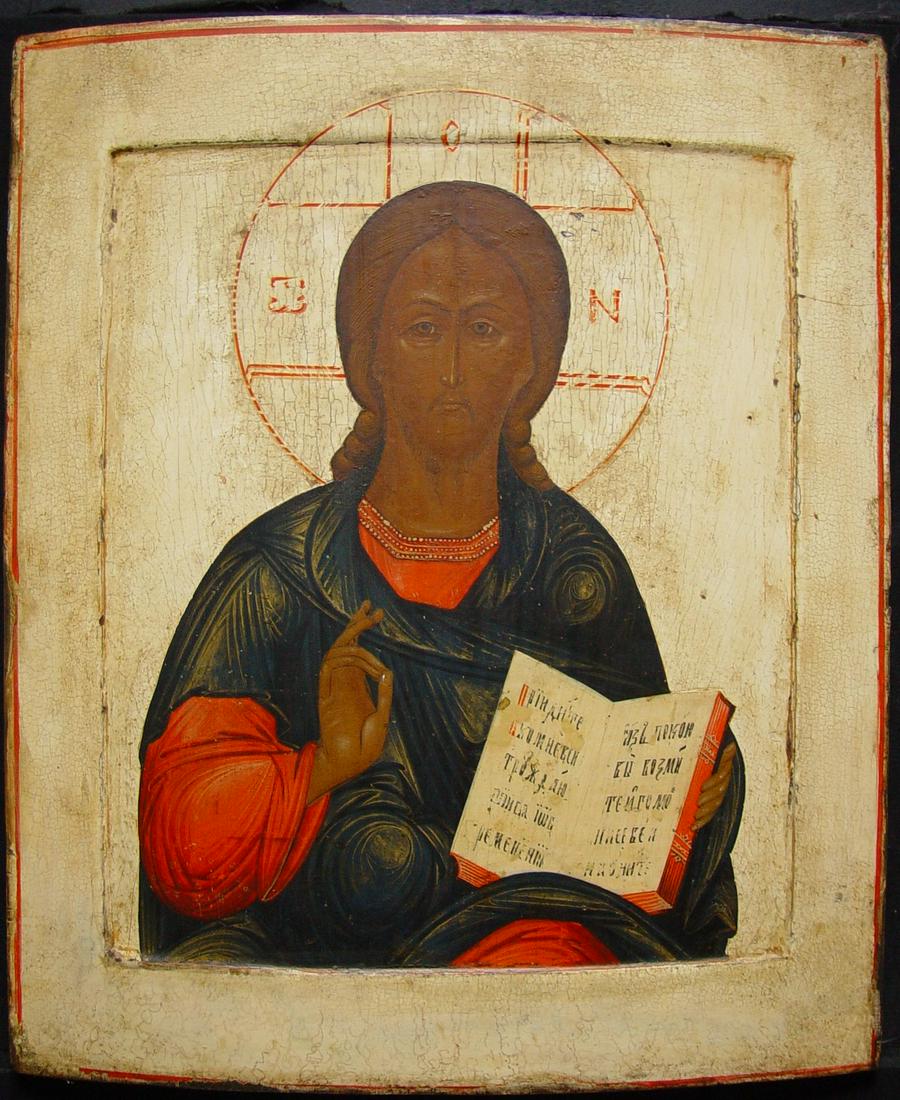 Christ Pantocrator/Saviour: Title: Christ Pantocrator/Saviour Origin: Russia Antique Religious Old Icon Date/Period: 18th century Material: tempera on wooden board Size: 35 x 29 cm Provenance: The iconic image of Christ Pantocra