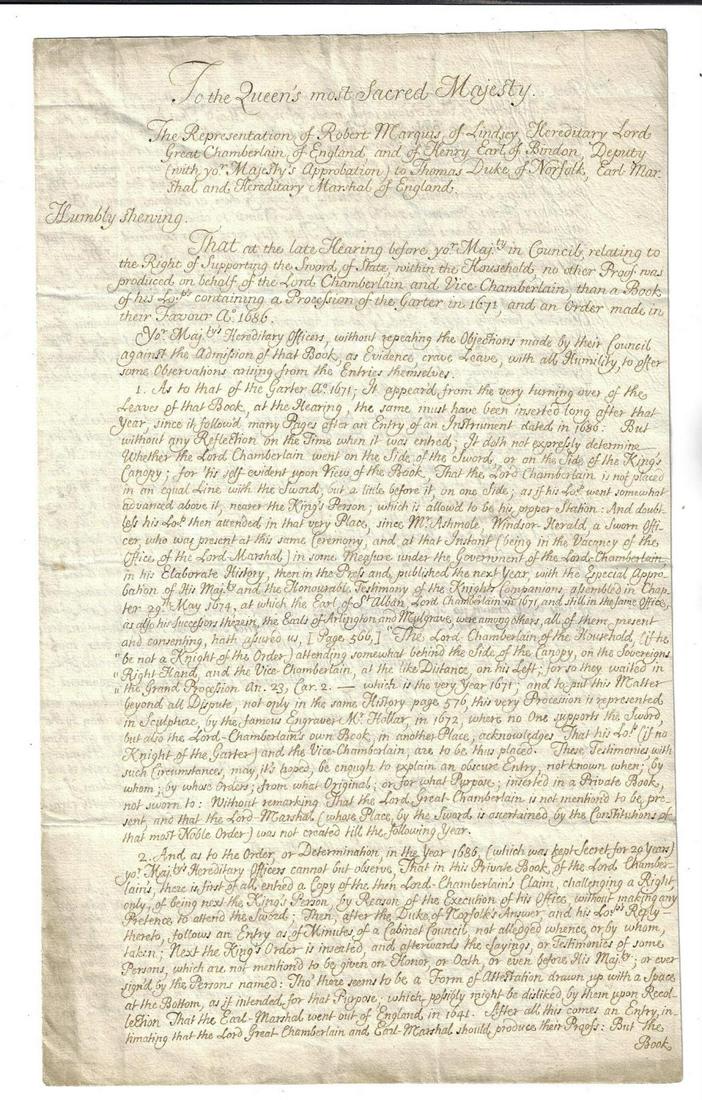 1706 Manuscript to Queen Anne Sword of State Plot: A three page manuscript from Robert Marquis of Lindsey Hereditary Lord Great Chamberlain of England and Henry Earl of Bindon to Thomas Duke of Norfolk on evidence regarding the Sword of State of the m
