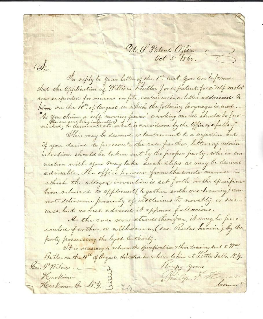 1860 Letter US Patent Office Rejection Letter (1 of 1)