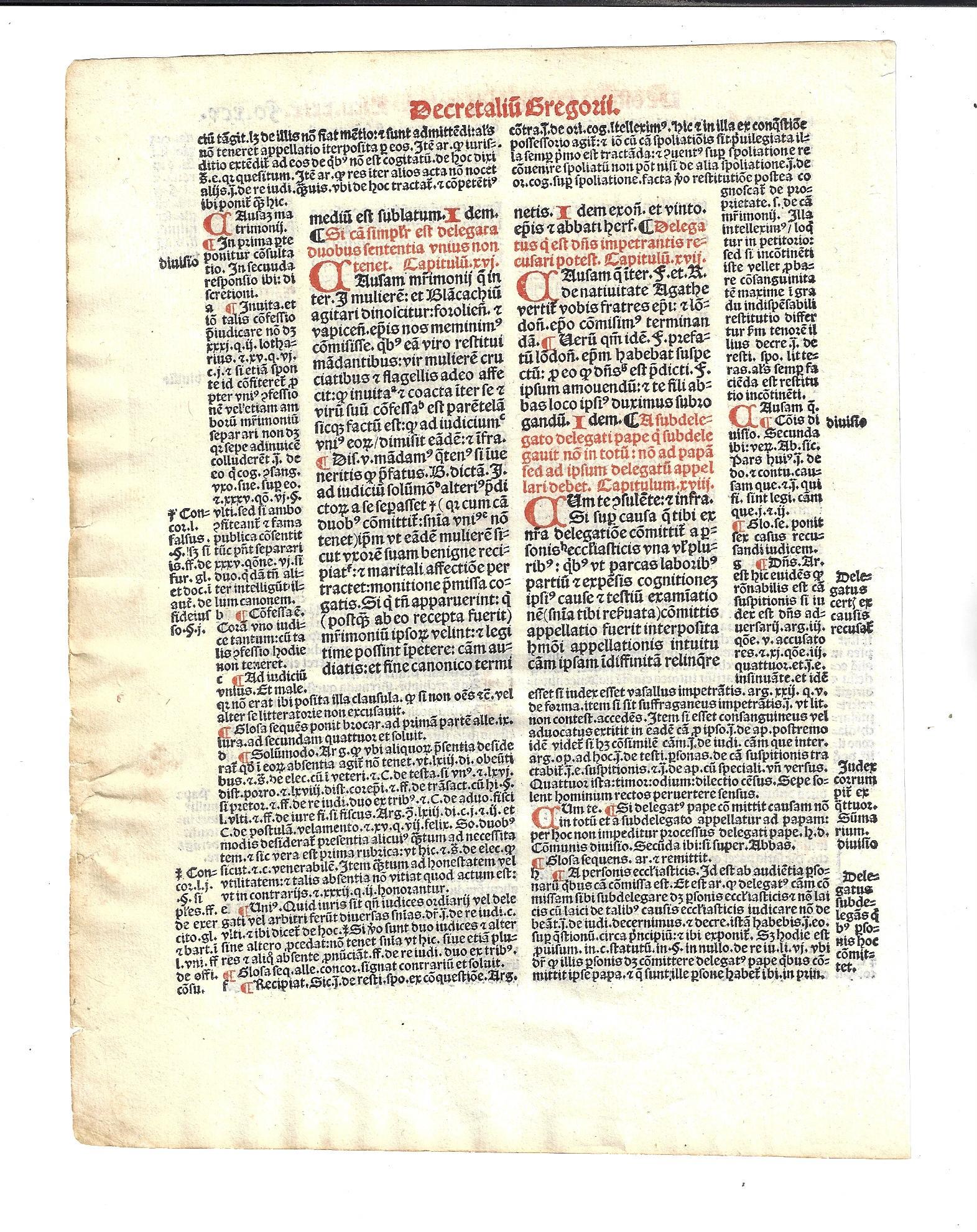 1516 Leaf Decretales Pope Gregory IX: A leaf from a Parisian printing of the Decretales of Pope Gregory IX in red and black on fine paper. Fine condition, accompanoied by a color copy of the printer's mark. Measures 6.75 x 9". Reserve: $3