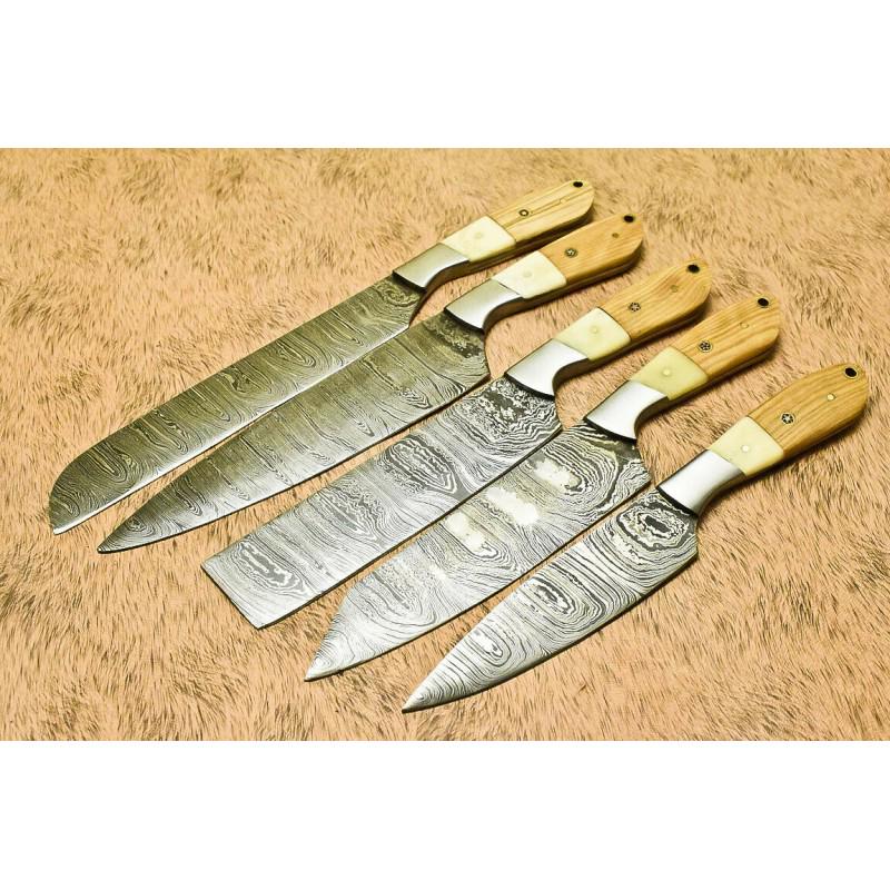 Handmade set 5 damascus steel chef kitchen knives work (1 of 5)